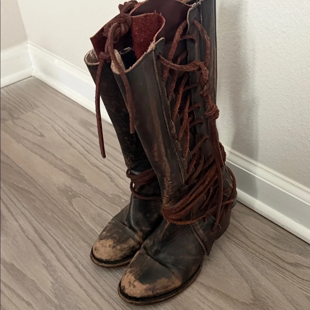 Frye Women's Distressed Brown Lace-Up Tall Boots - Picture 6 of 7